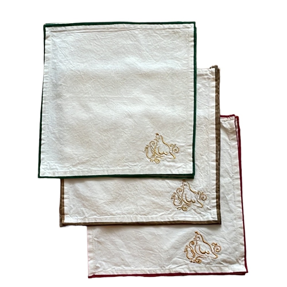 CHRISTMAS VINTAGE PIER 1 Cream Cocktail Napkins S/6 Partridge Gold Embroidered